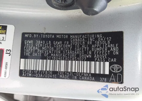 2012 Toyota Corolla Le z USA, uszkodzony, nr VIN 2T1BU4EEXCC851077